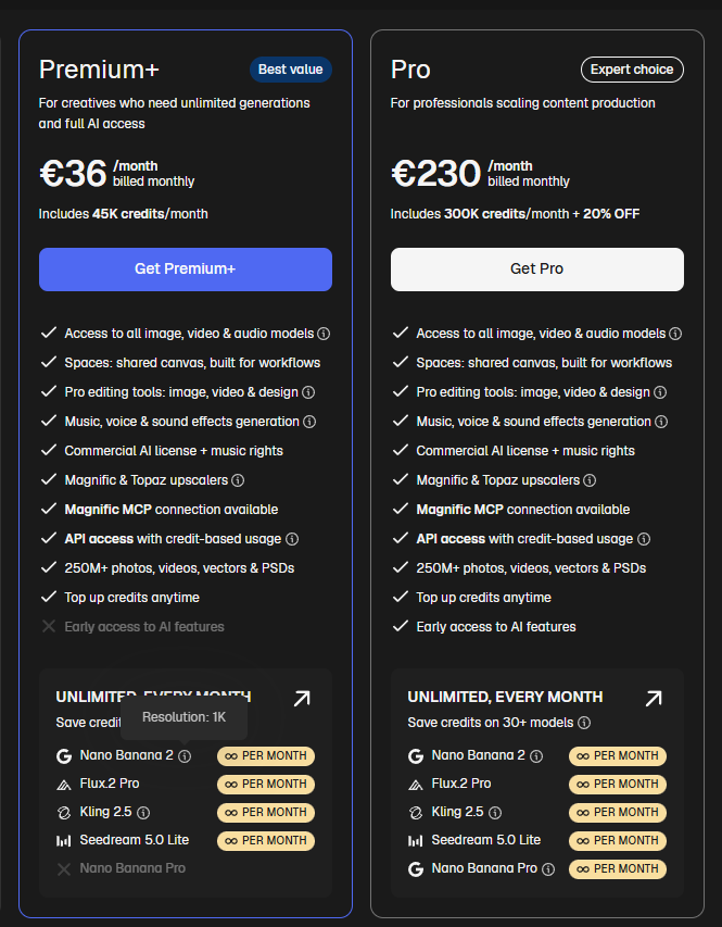 Magnific: unlimited Nano Banana 2 on Premium+ and Nano Banana 2 + Pro on the Pro plan