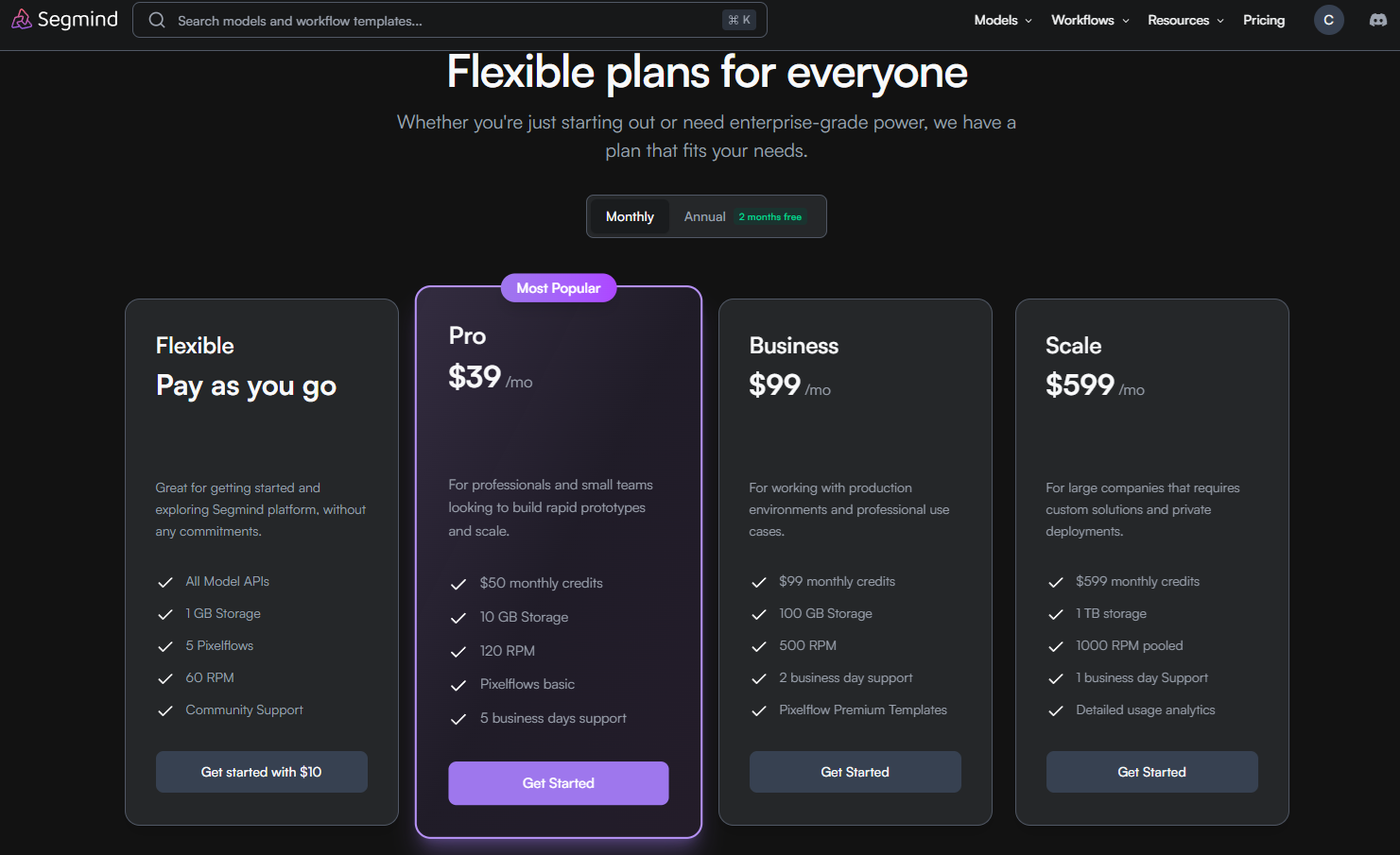 Segmind plans: Flexible (pay-as-you-go from $10), Pro $39, Business $99, Scale $599