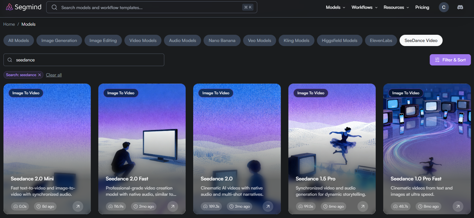 Seedance models on Segmind: Seedance 2.0, 2.0 Fast, 2.0 Mini, 1.5 Pro, 1.0 Pro Fast